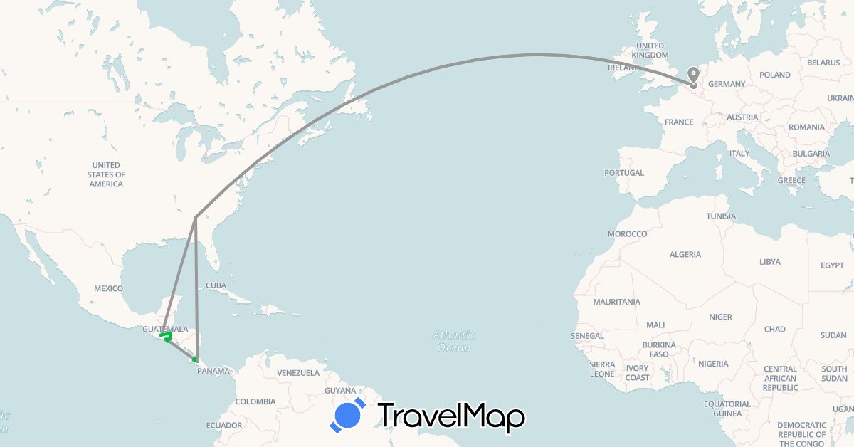 TravelMap itinerary: driving, bus, plane in Belgium, Costa Rica, Guatemala, Honduras, El Salvador, United States (Europe, North America)